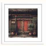 Abstract art print of a Japanese door in muted gray tones, framed with a white mat, suitable for dining room decor.