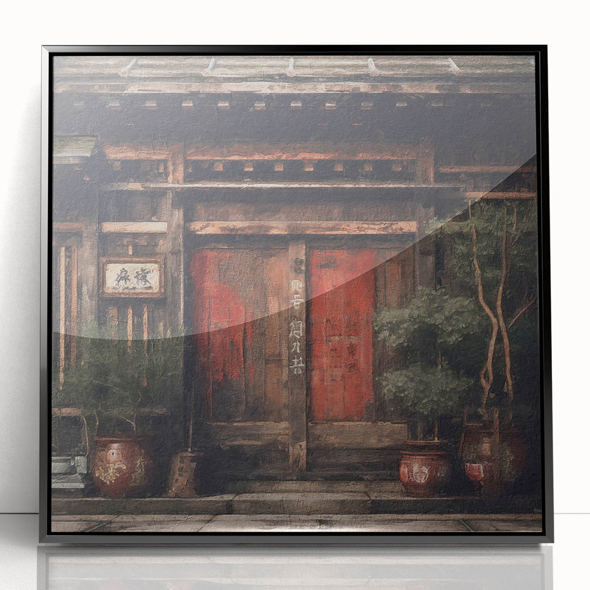Large abstract wall art depicting a Japanese door in black and white, framed acrylic, ideal for modern art wall decor.
