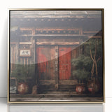 Mid-century modernist acrylic print of a Japanese door in gold tones, ideal for modern art wall decor.