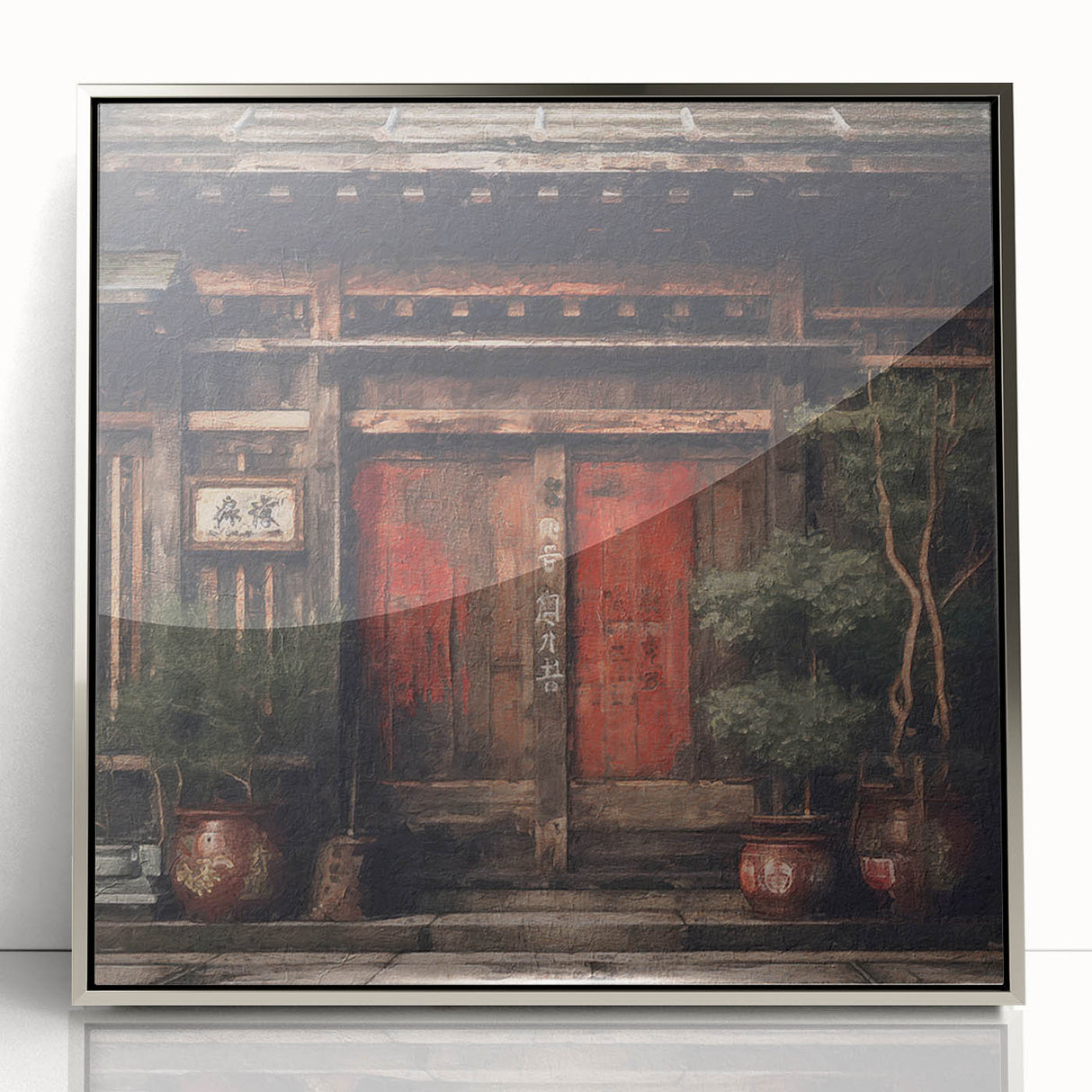 Mid-century modernist art depicting a Japanese door in silver framed acrylic, suited for nursery wall decor.