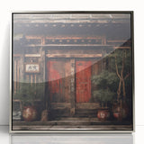 Mid-century modernist art depicting a Japanese door in silver framed acrylic, suited for nursery wall decor.