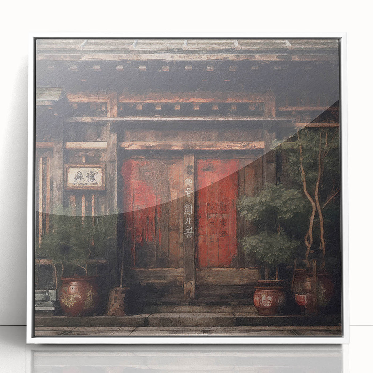 Art deco poster featuring a Japanese door design in muted black and white tones, framed acrylic.