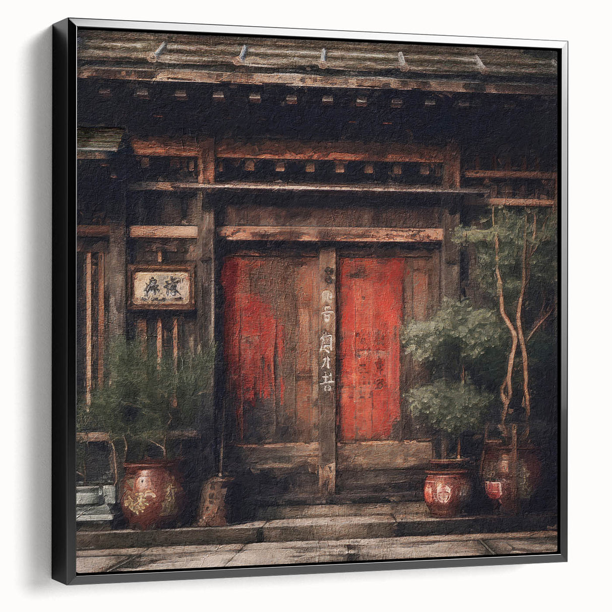 Black and white framed canvas featuring a vintage poster of a Japanese door, ideal for bedroom wall decor.