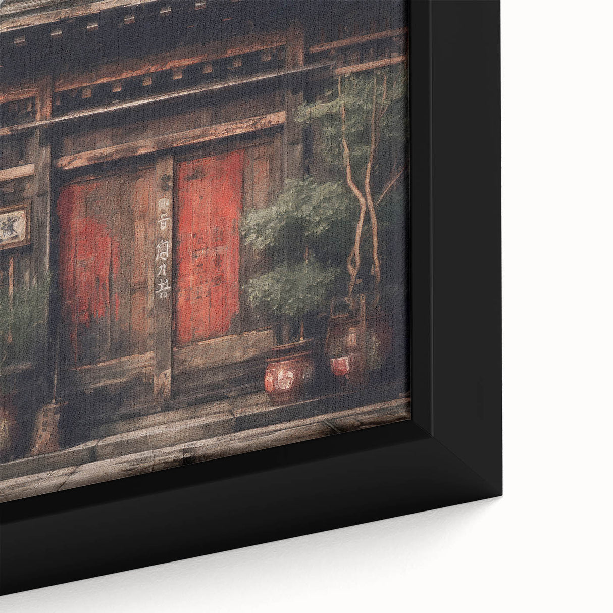 Close-up of a black framed canvas depicting a textured, colorful Japanese door, ideal for extra large living room wall art.