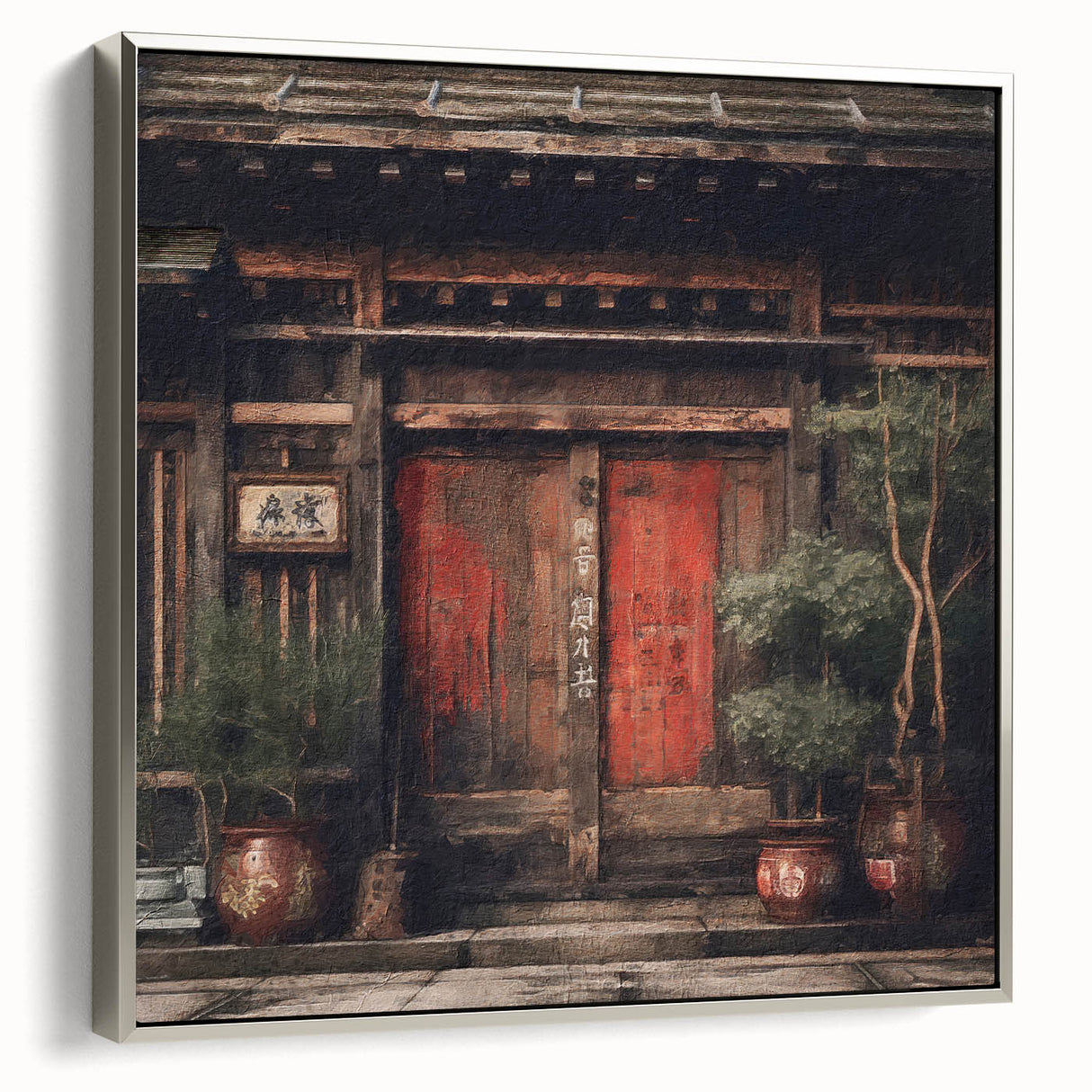 Framed canvas featuring a vintage poster of a colorful Japanese door landscape.