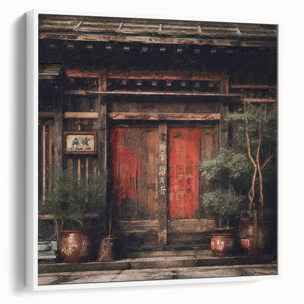 Vintage poster art of a Japanese door, framed canvas in black and colorful tones, suitable for large living room walls.
