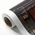 Art Deco poster featuring a Japanese door design in muted earth tones on rolled canvas, ideal for nursery wall art.