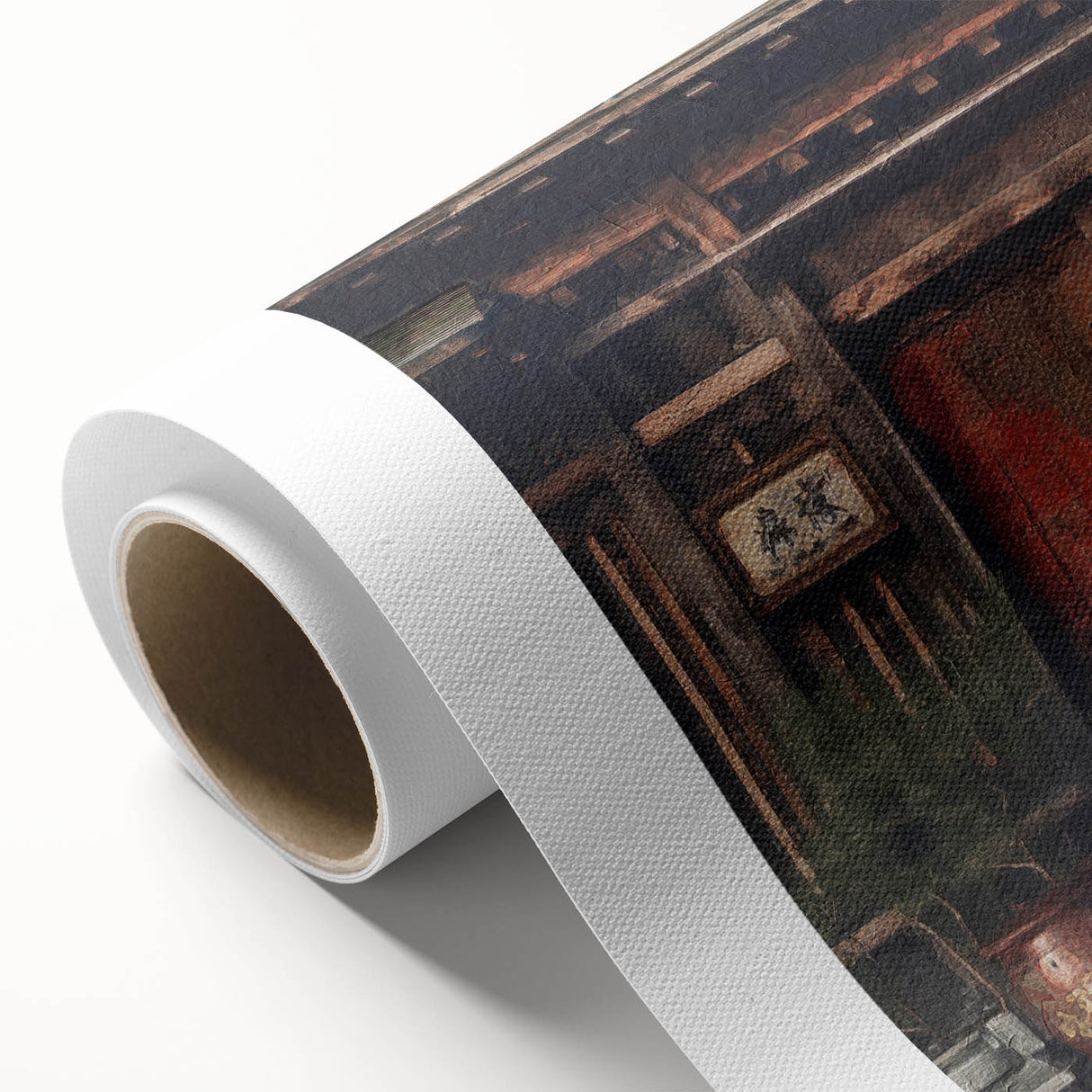 Art Deco poster featuring a Japanese door design in muted earth tones on rolled canvas, ideal for nursery wall art.