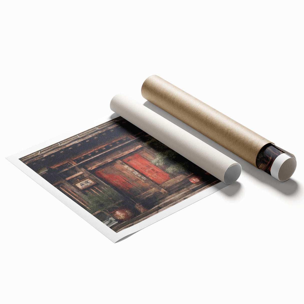 Extra large rolled print featuring a Japanese door design in muted earth tones, ideal for classy bathroom wall art.