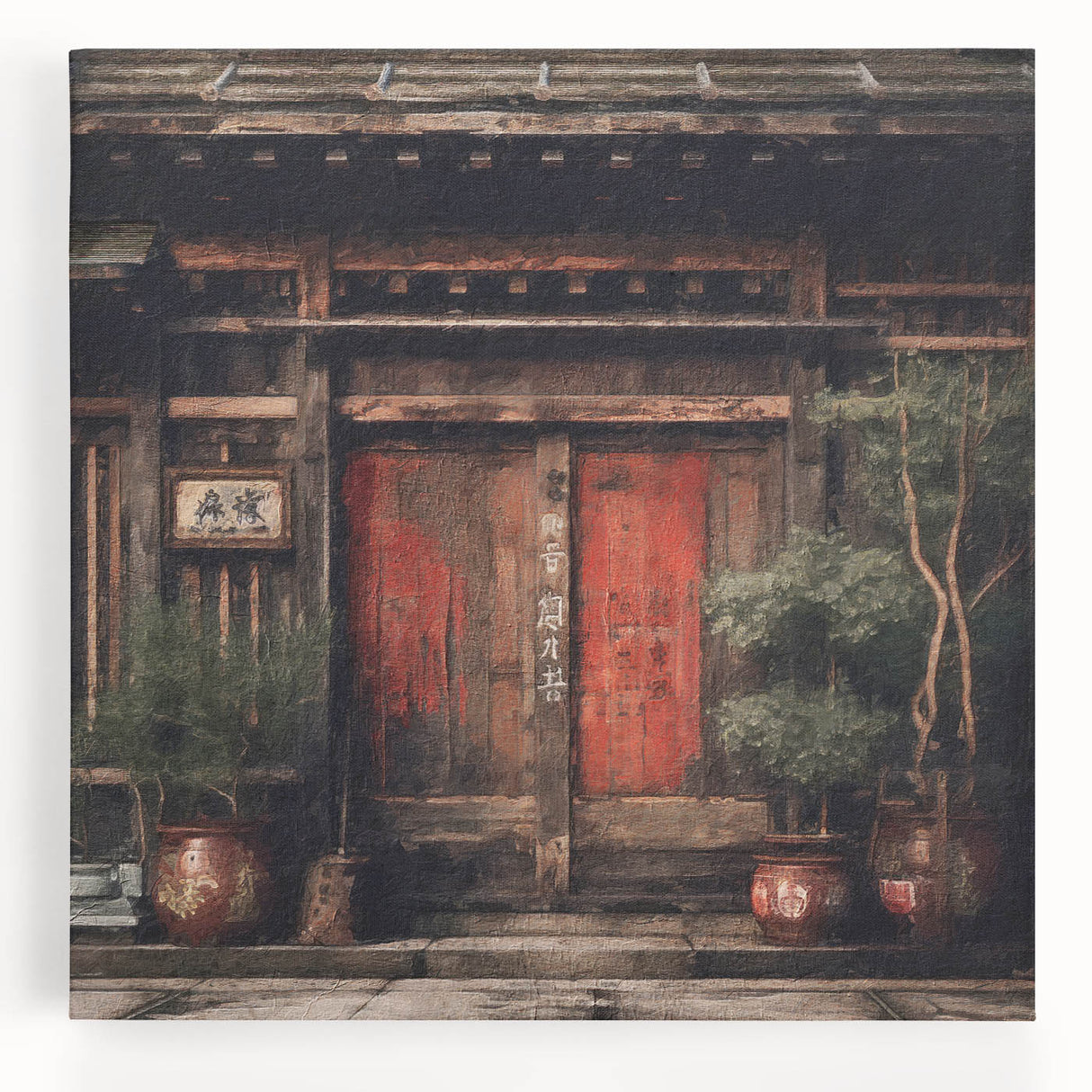 Black and white image of a traditional Japanese door, printed on large stretched canvas, suitable for kitchen wall art.