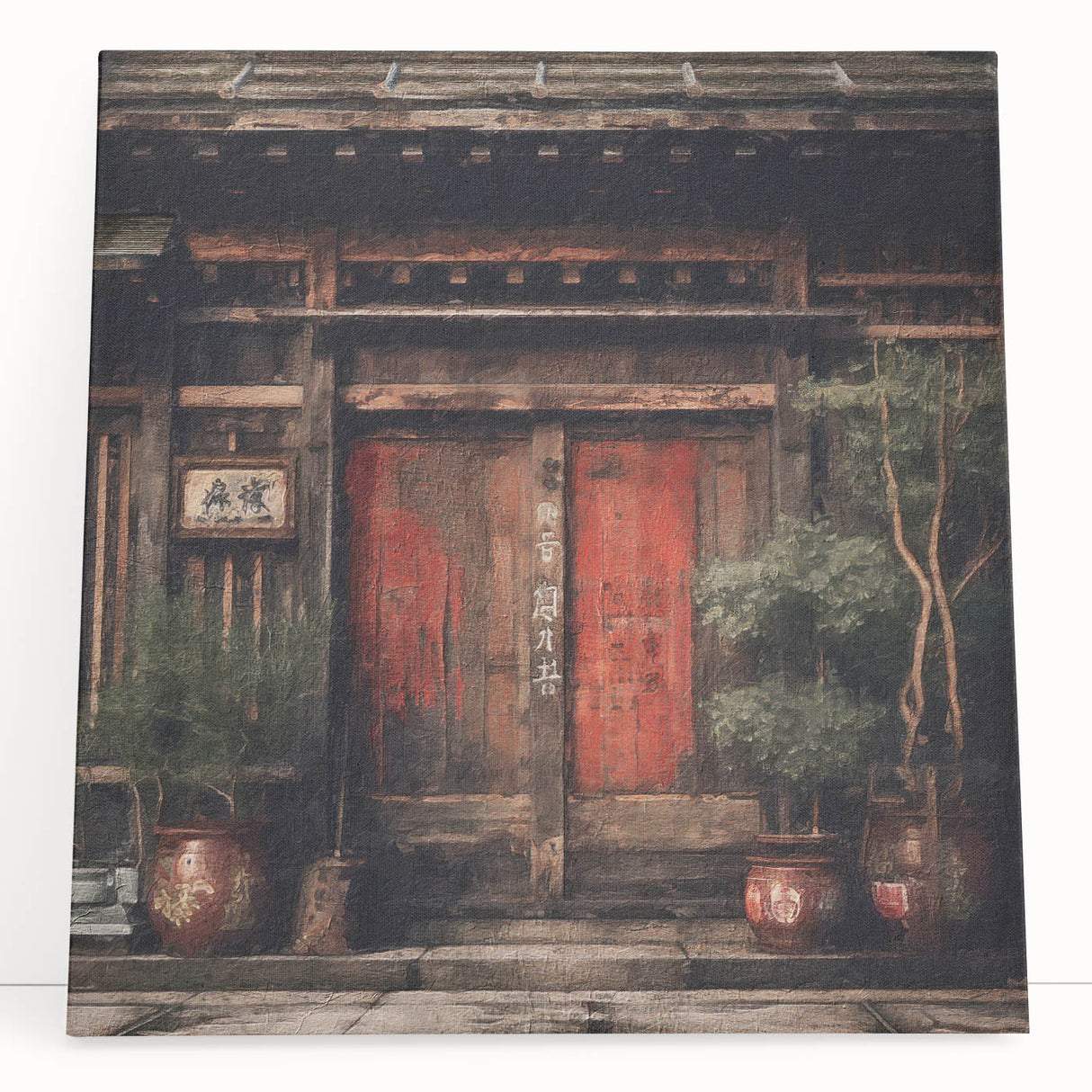 Black and white photo of a traditional Japanese door on stretched canvas.