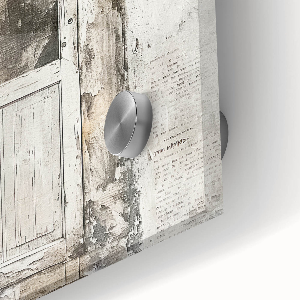 Close-up of a rustic Italian door print on acrylic glass, featuring earth tones, ideal for dining room art.