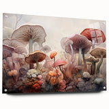 Acrylic glass wall art featuring a vibrant design of flowers and botanical mushrooms, displayed from a side view with decorative pins for mounting.