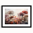 Botanical wall art frame showcasing colorful flowers and mushrooms against a sleek black background, ideal for adding a touch of nature-inspired decor to any room.
