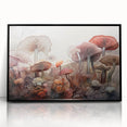 Framed wall art showcasing vibrant flowers and botanical mushrooms against a black background, perfect for modern home decor. The acrylic surface adds a sleek finish, enhancing any room's aesthetic.