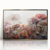 Framed wall art showcasing a vibrant floral and botanical design with mushrooms, set in an elegant gold frame, ideal for home decor and nature enthusiasts.