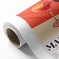 Art Deco poster of food and drinks on rolled canvas, with bold black and golden tones, ideal for dining room wall art.