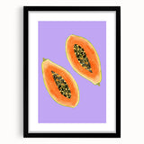 Extra large abstract art print featuring vibrant, colorful fruits on textured canvas, framed in black.