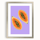 Textured art depicting abstract fruit designs in muted colors on a framed silver mat, suitable for bedroom art.