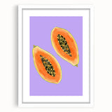 Abstract art print featuring assorted fruits in bold colors on a white framed mat, suitable for dining room decor.