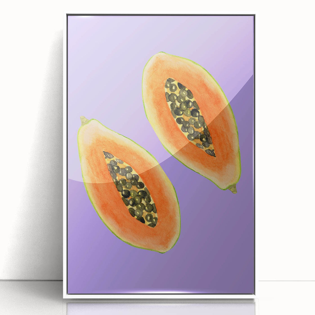 Acrylic print of vibrant fruits in art deco style, framed in white, suitable for modern nursery wall decor.