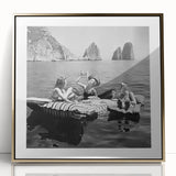 Large art print of a mid-century modernist food scene in muted earth tones, framed in gold acrylic.