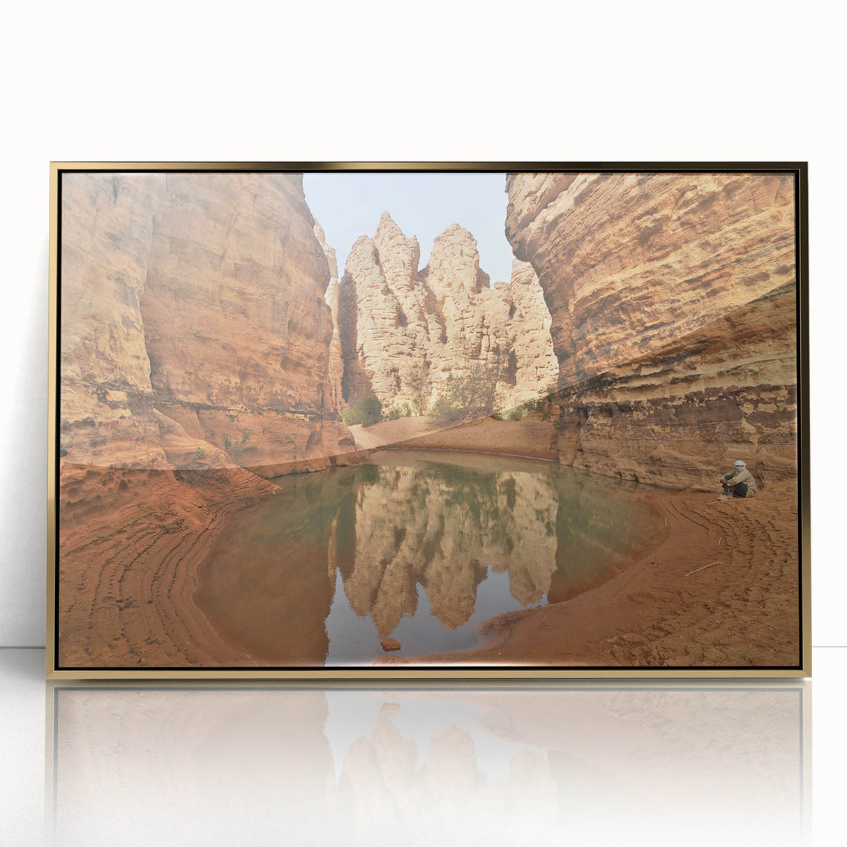 Mid-century modernist art depicting an abstract Algerian landscape in gold and brown tones, acrylic print framed.