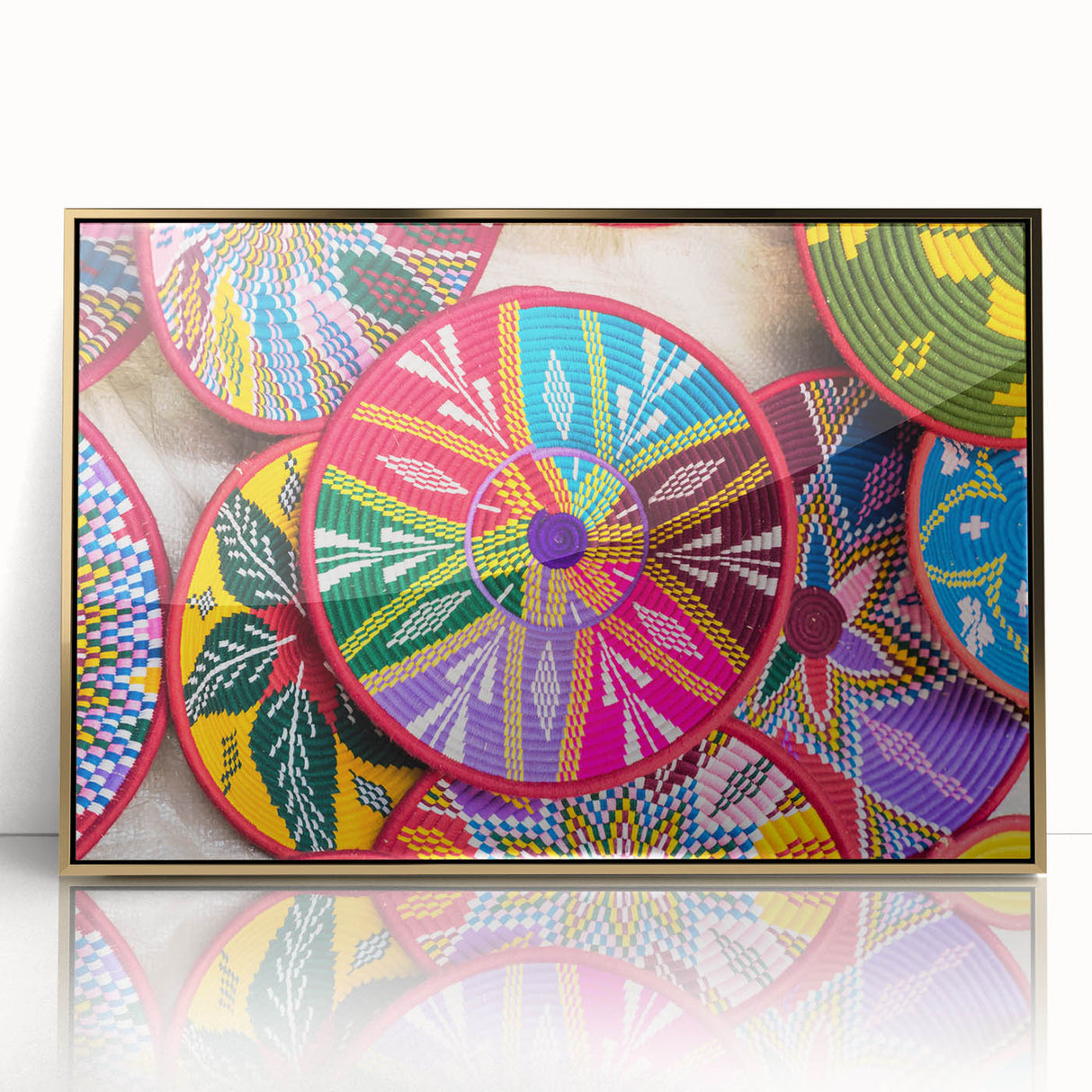 Mid-century modernist art depicting the Ethiopian landscape in acrylic, framed in gold, suitable for nursery wall art.