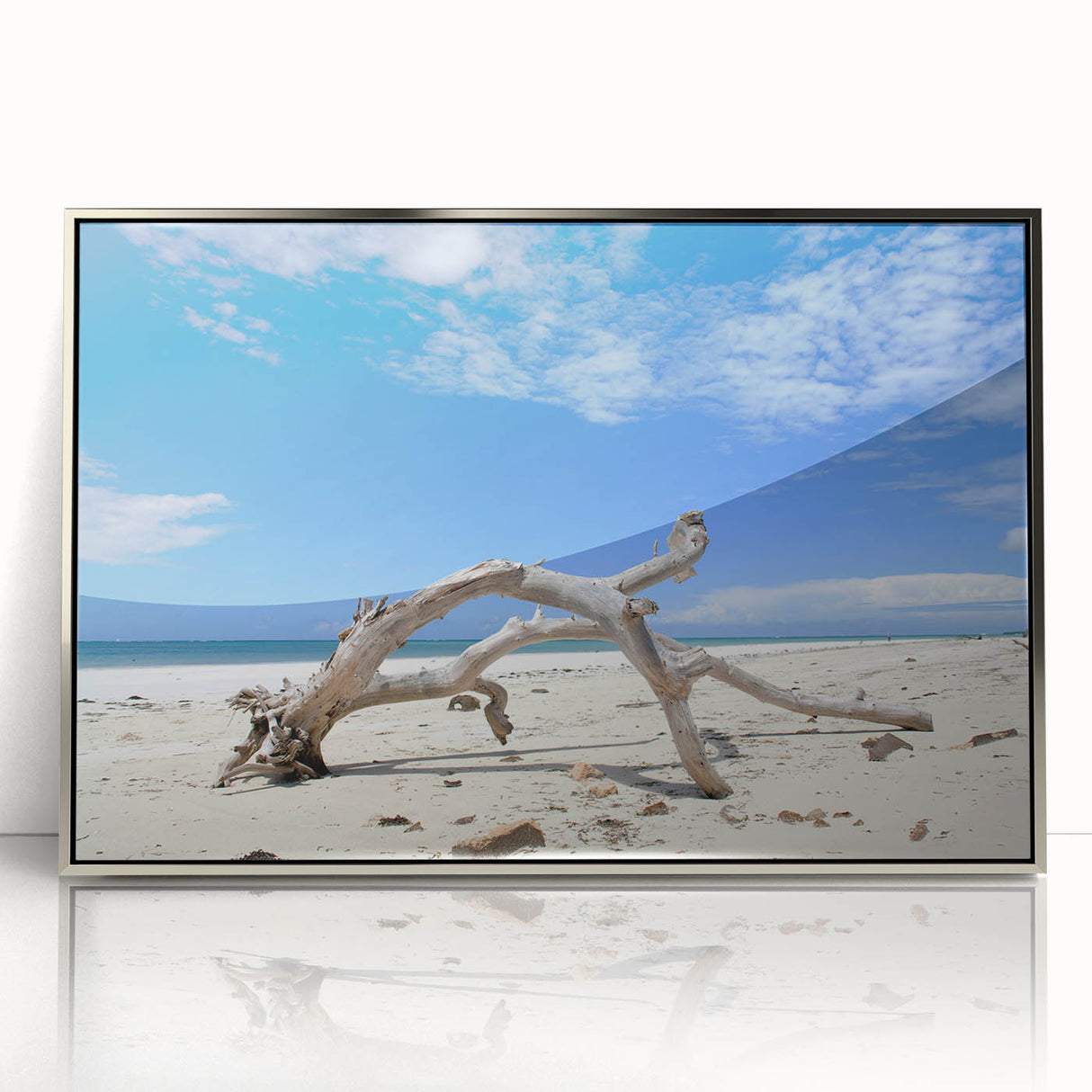 Acrylic print of a Kenyan landscape with silver frame, featuring earthy tones, ideal for modern art wall decor in a nursery.