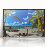 Mid-century modernist art of Mauritius scenery with gold framed acrylic, featuring muted earth tones.