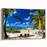 Landscape art painting of a Mauritius scenery on framed canvas, featuring vibrant colors with vintage poster art style.