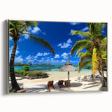Vintage poster art of a colorful Mauritius scenery on a large framed canvas, ideal for living room ambiance.