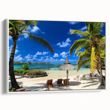 Framed canvas of a Mauritius landscape with black and white vintage poster art, ideal for bedroom wall decor.
