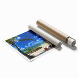 Extra large rolled print of a serene Mauritius landscape with lush greenery and vibrant blues.