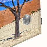 Large abstract wall art of Namibian scenery in muted earth tones on acrylic glass, ideal for dining room ambiance.