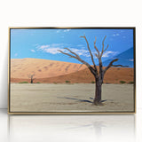Mid-century modernist art depicting a serene Namibian landscape on a gold-framed acrylic, featuring earth tones.