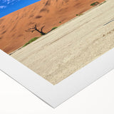 Art deco poster depicting a serene Namibian landscape on rolled canvas, suitable for dining room decor.