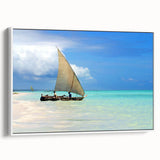 Vintage poster art of a Tanzanian landscape on framed canvas, featuring vibrant colors, ideal for living room decor.