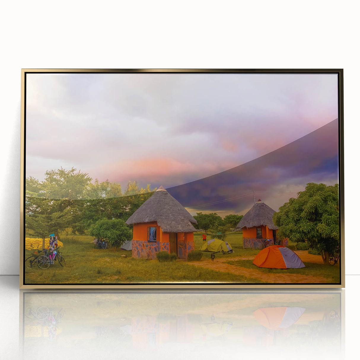 Large framed acrylic print of an African savannah scene, featuring warm golden tones, ideal for modern art wall decor.