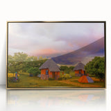 Large framed acrylic print of an African savannah scene, featuring warm golden tones, ideal for modern art wall decor.
