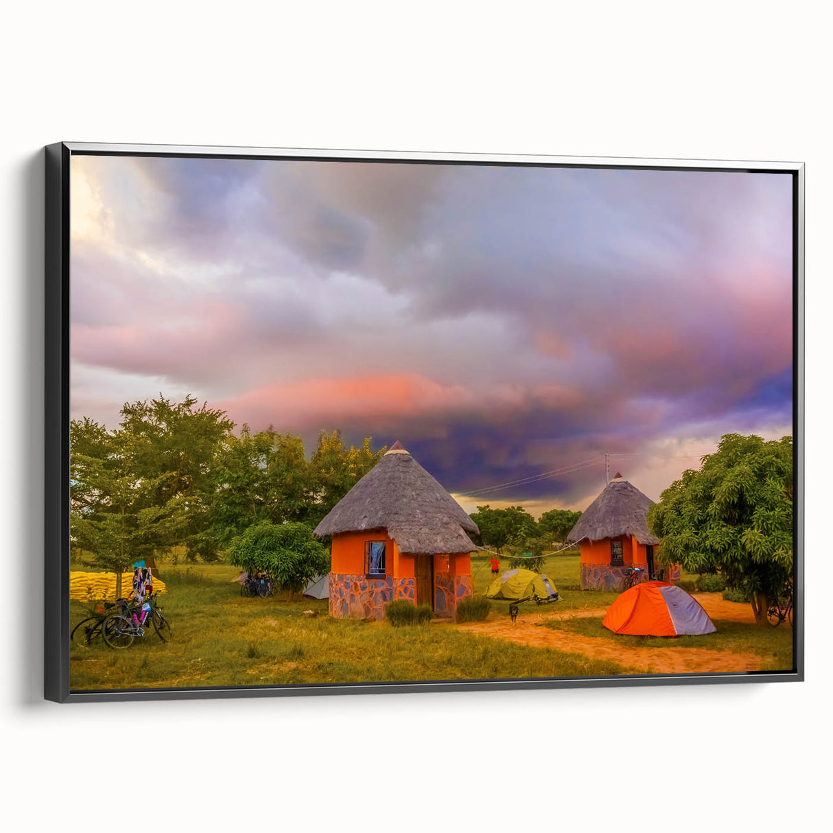 Black and white framed canvas of a Zambian landscape, ideal for bedroom wall decor.