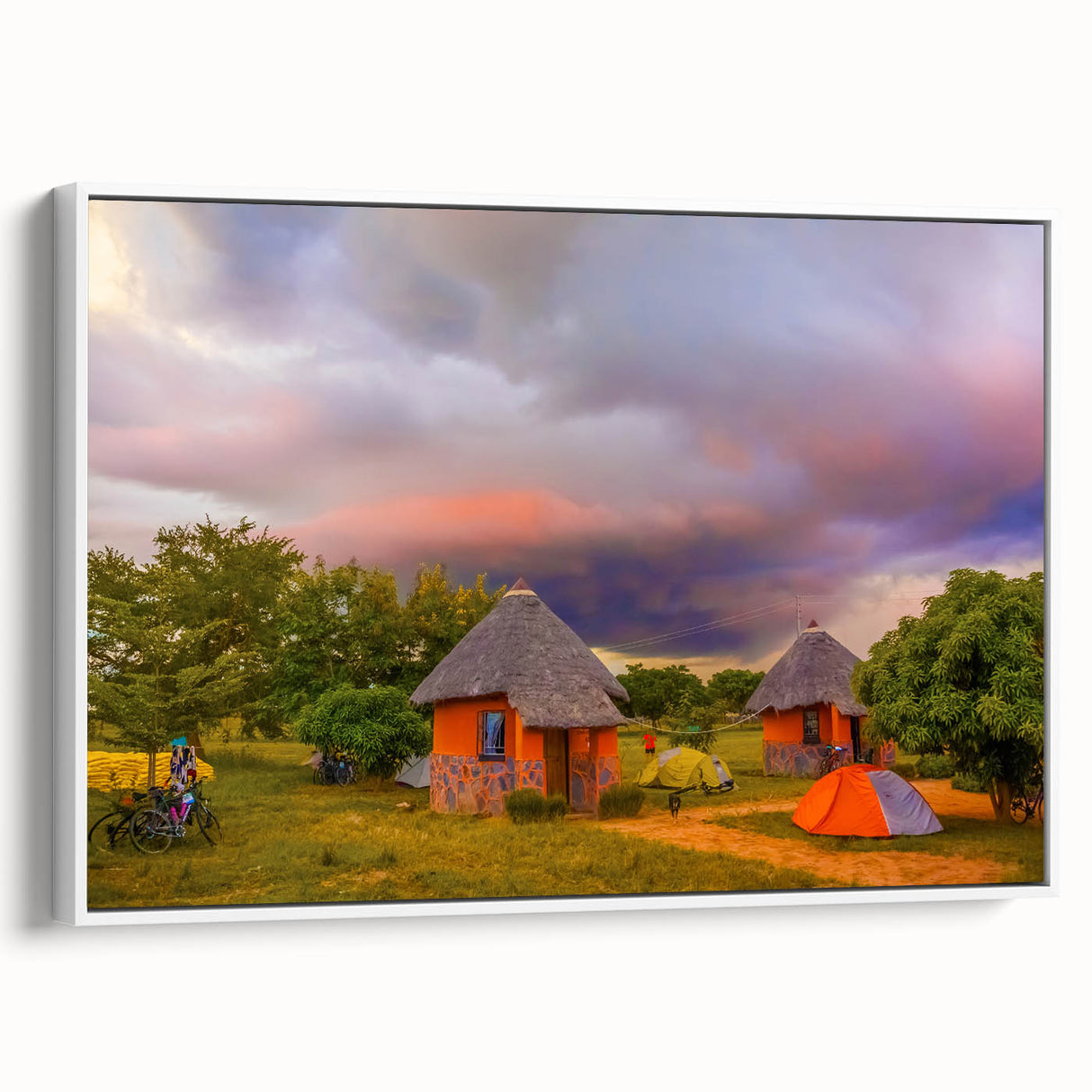 Vintage poster art featuring a vibrant African landscape on framed canvas, ideal for living room decor.