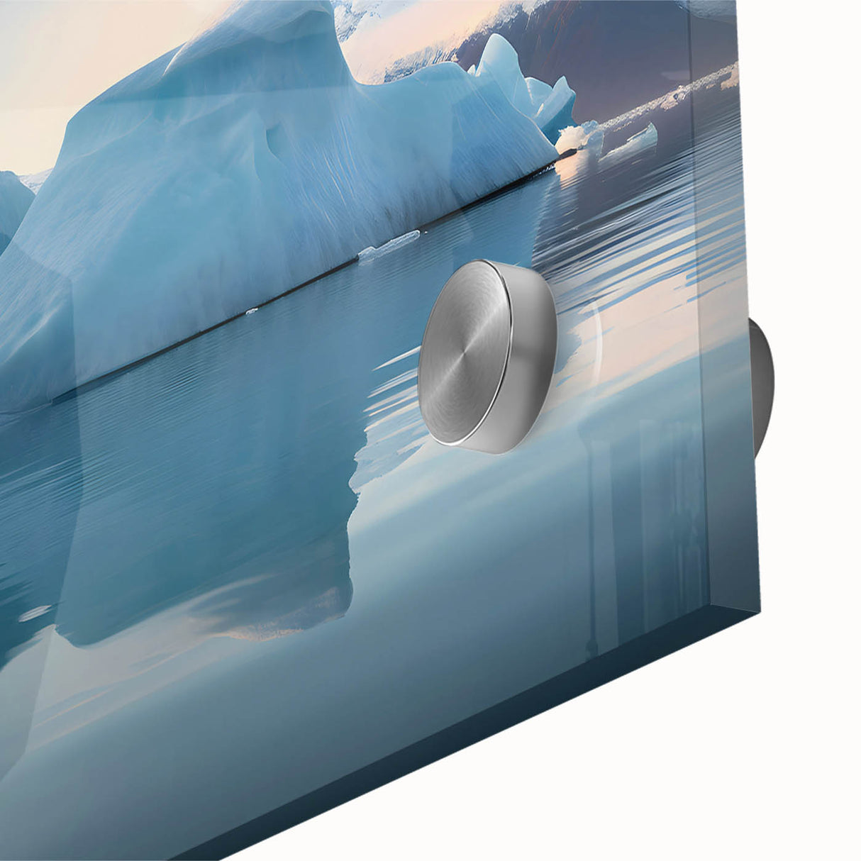 Large abstract wall art of an Antarctic landscape in muted gray and blue tones on acrylic glass.