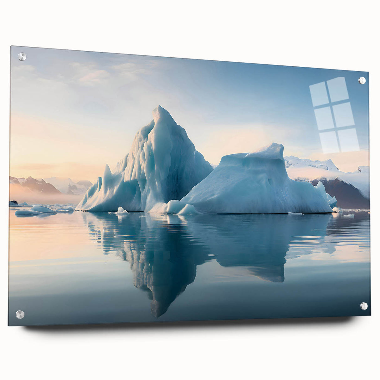 Antarctic scenery on large acrylic glass, featuring icy blue and white tones, suitable for bedroom or dining room wall art.