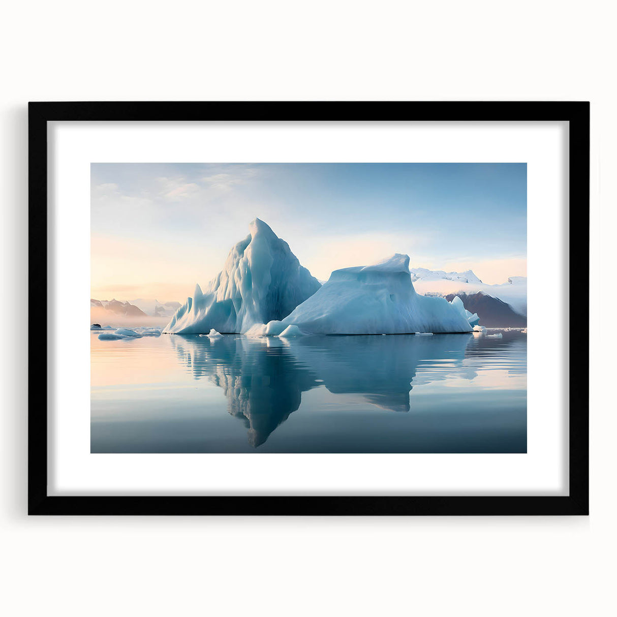 Abstract art print of a colorful Antarctic landscape in pastel shades, textured on a large framed canvas.
