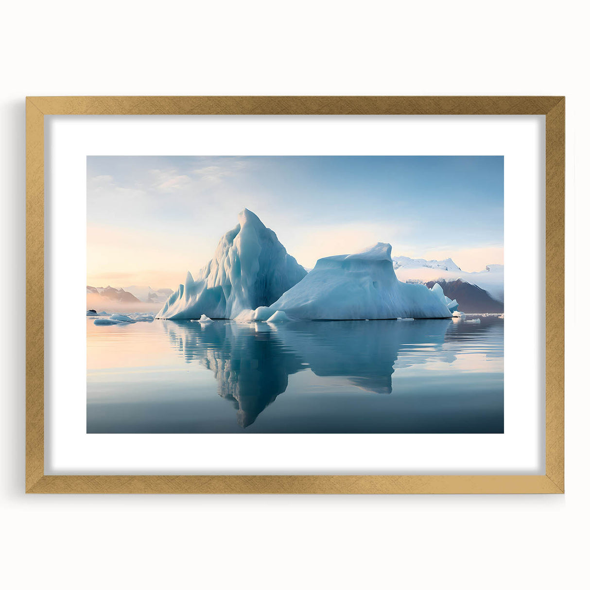Extra large abstract art print of an Antarctic landscape in muted blue and white tones, framed in gold.