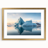 Extra large abstract art print of an Antarctic landscape in muted blue and white tones, framed in gold.