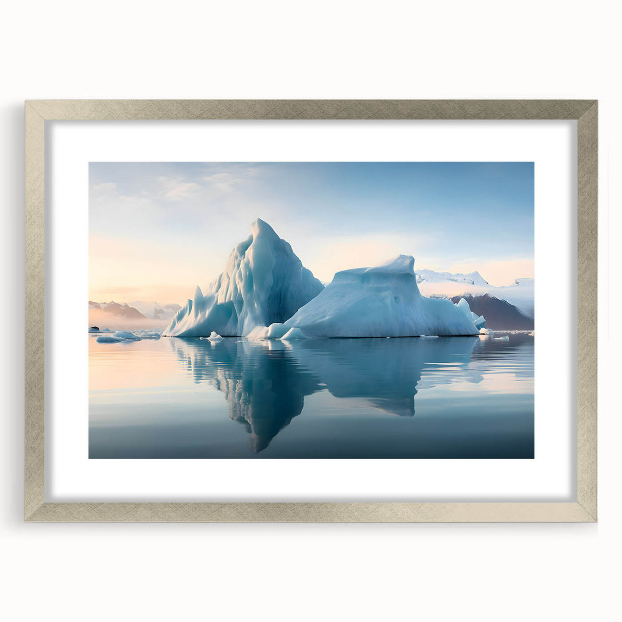 Textured art print of an abstract Antarctic landscape in cool blue and white tones, framed in silver.