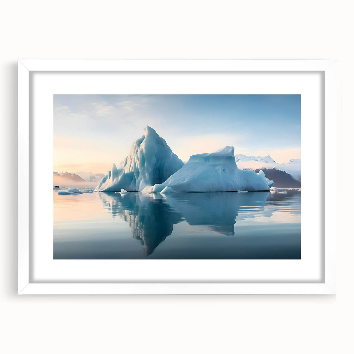 Abstract art print of an Antarctic landscape in muted blue and white tones on a framed canvas.