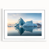 Abstract art print of an Antarctic landscape in muted blue and white tones on a framed canvas.